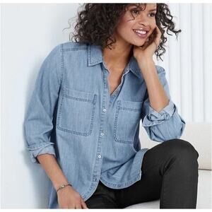 Eileen Fisher Womens Chambray Shirt Button Down Long Sleeve Cotton Blue Size XXS